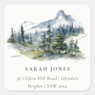 Blue Green Woods Mountain Landscape Sketch Address Square Sticker