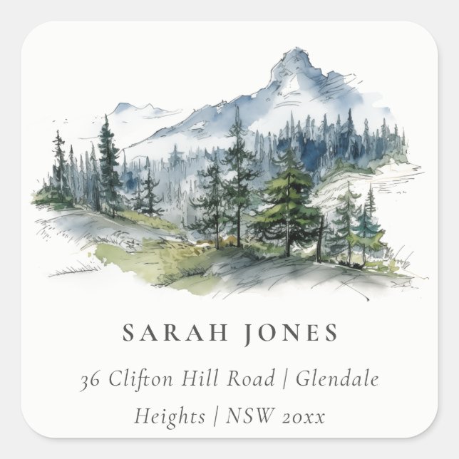Blue Green Woods Mountain Landscape Sketch Address Square Sticker (Front)
