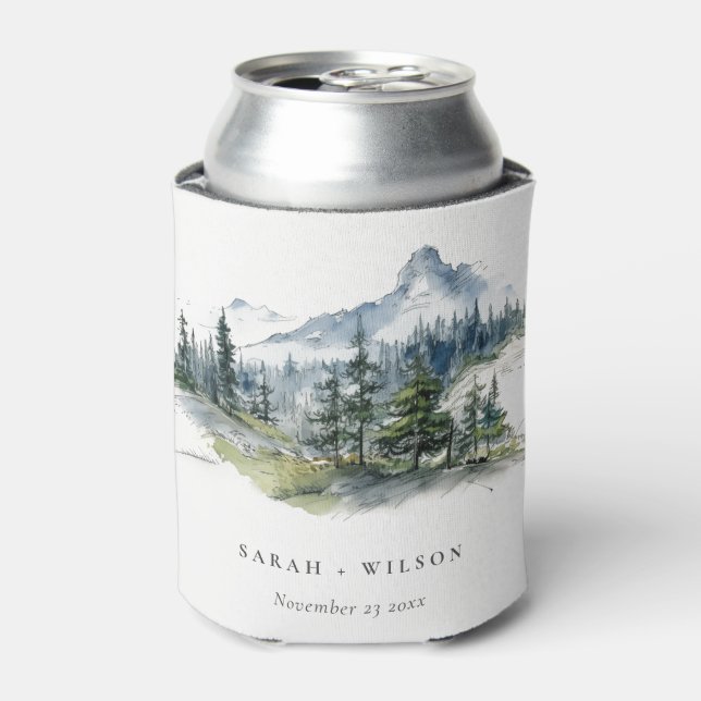 Blue Green Woods Mountain Landscape Sketch Wedding Can Cooler (Can Front)