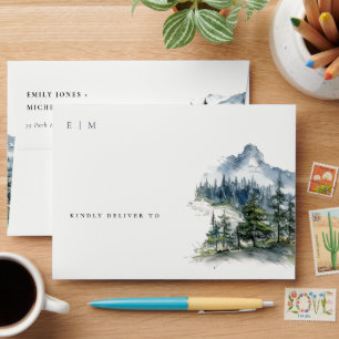 Blue Green Woods Mountain Landscape Sketch Wedding Envelope