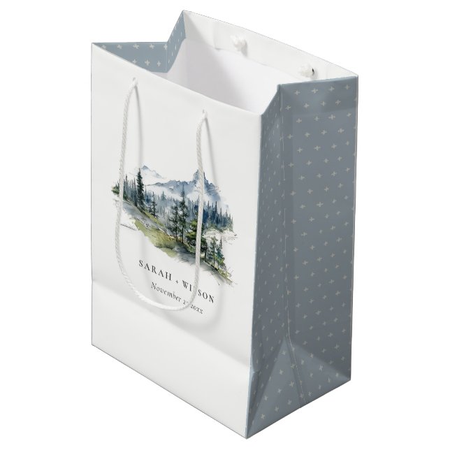 Blue Green Woods Mountain Landscape Sketch Wedding Medium Gift Bag (Front Angled)