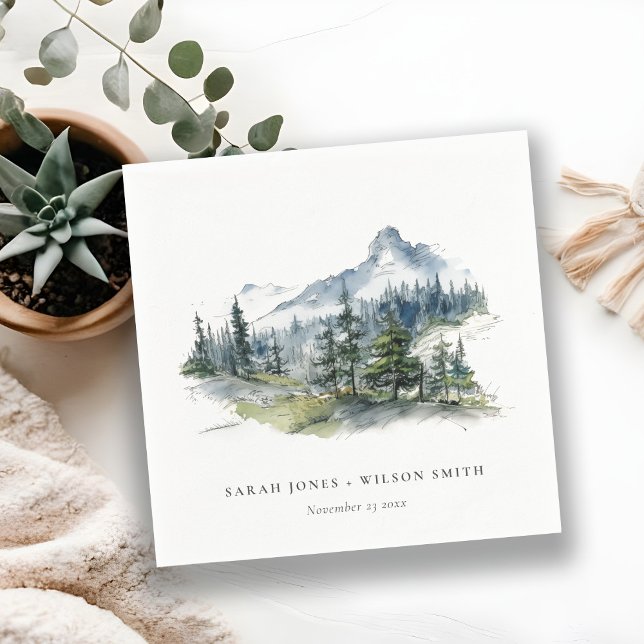 Blue Green Woods Mountain Landscape Sketch Wedding Napkin (Creator Uploaded)