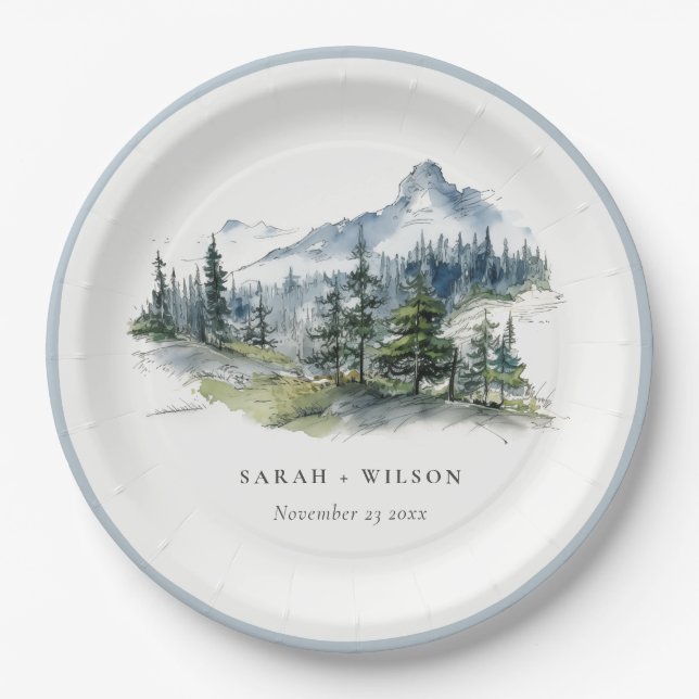 Blue Green Woods Mountain Landscape Sketch Wedding Paper Plate (Front)