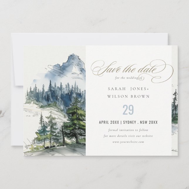 Blue Green Woods Mountain Landscape Sketch Wedding Save The Date (Front)