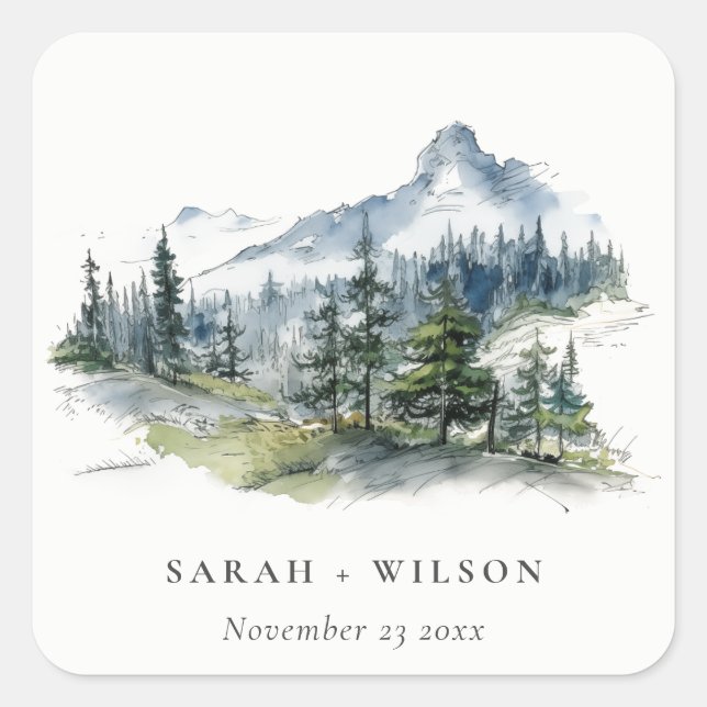 Blue Green Woods Mountain Landscape Sketch Wedding Square Sticker (Front)