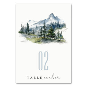 Blue Green Woods Mountain Landscape Sketch Wedding Table Number