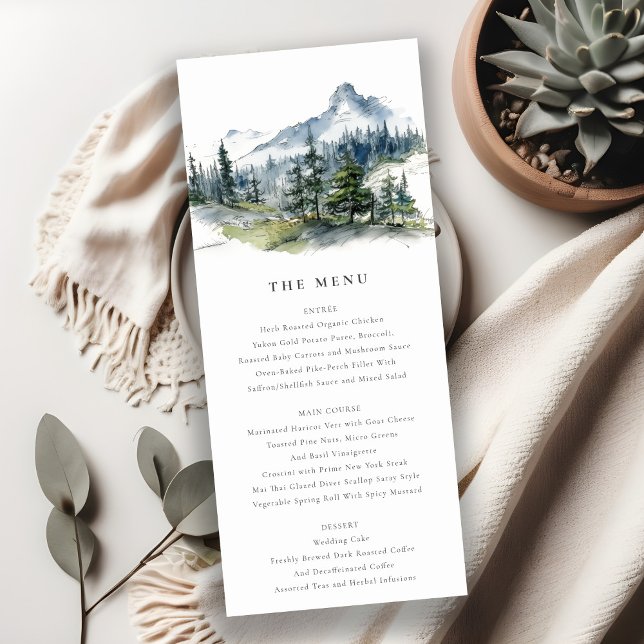Blue Green Woods Mountain Sketch Wedding Menu Card (Creator Uploaded)