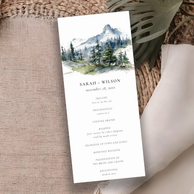 Blue Green Woods Mountain Sketch Wedding Program Invitation (Creator Uploaded)