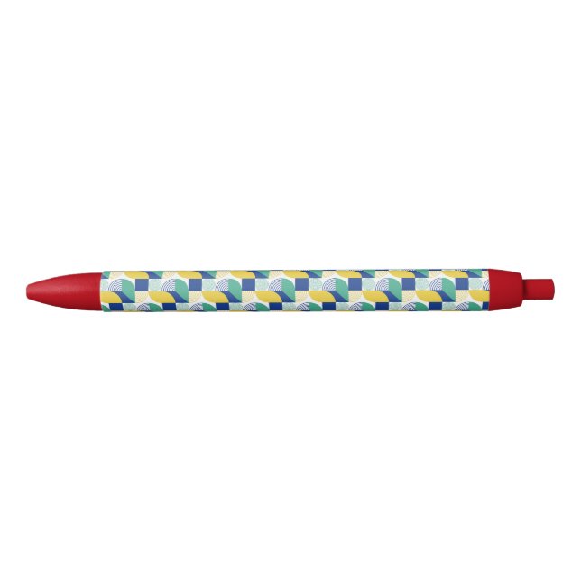 Blue Green Yellow Abstract Geometric Pattern Black Ink Pen (Front)