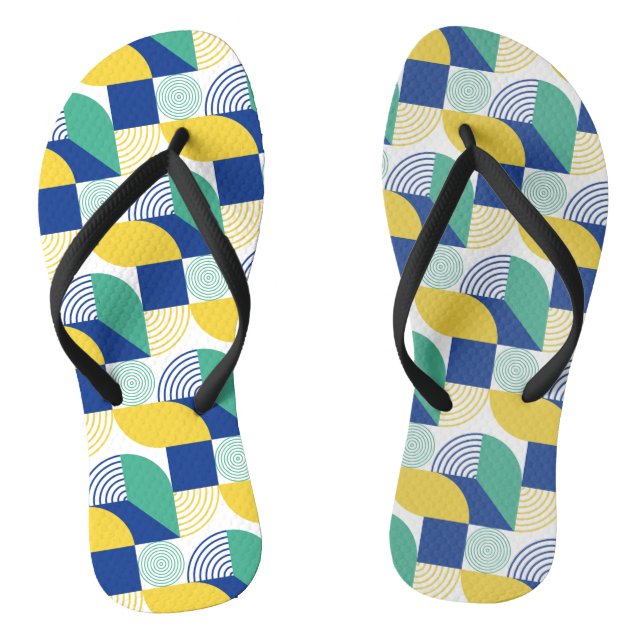Blue Green Yellow Abstract Geometric Pattern Flip Flops (Footbed)