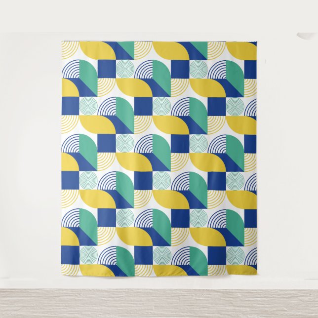 Blue Green Yellow Abstract Geometric Pattern Tapestry (Front)
