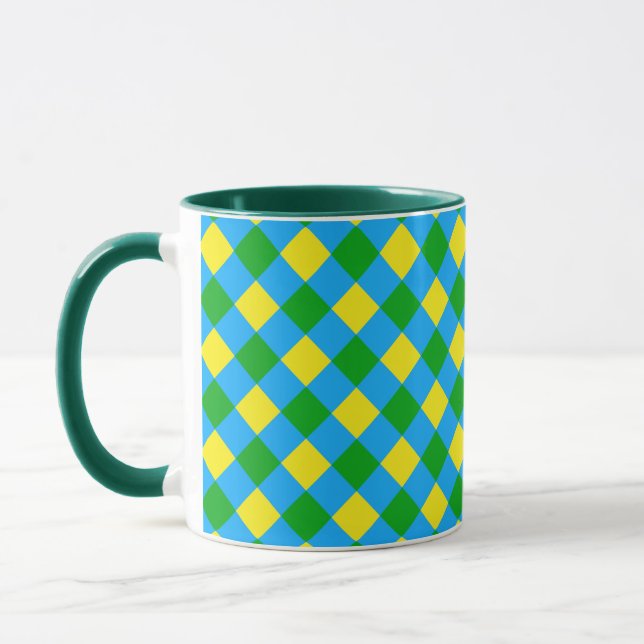 Blue Green Yellow Check Plaid Pattern Design Mug (Left)