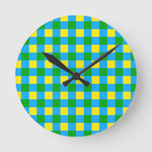Blue Green Yellow Check Plaid Pattern Design Round Clock