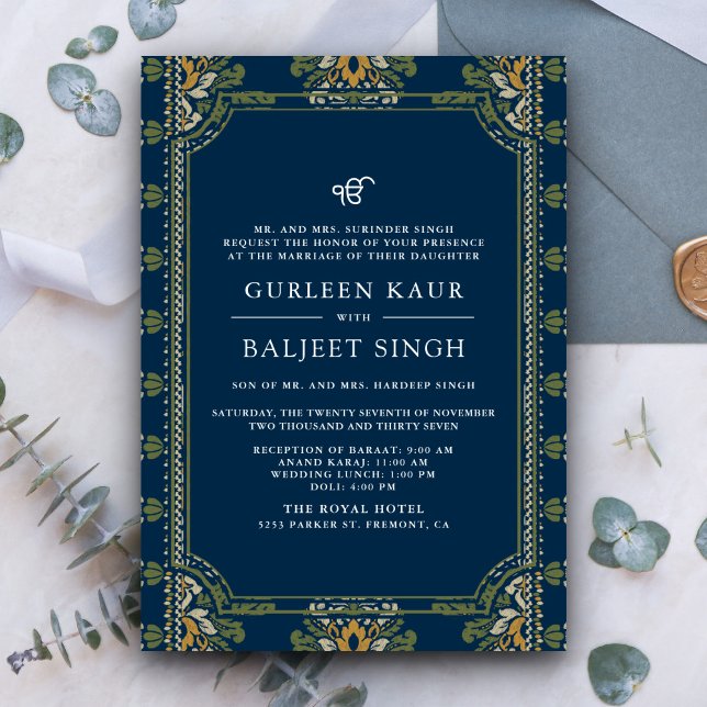 Blue Green Yellow  Ikat Anand Karaj Sikh Wedding Invitation (Creator Uploaded)