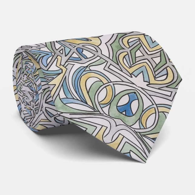 Blue Green Yellow Lattice-Abstract Pattern Neck Ti Tie (Rolled)
