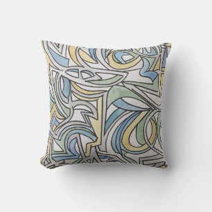 Blue Green Yellow Lattice-Hand Painted Abstract Cushion