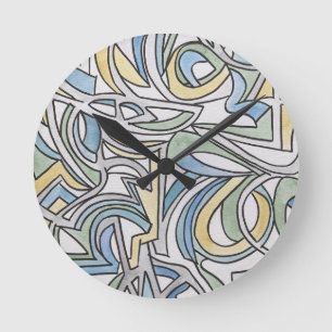 Blue Green Yellow Lattice-Hand Painted Abstract Round Clock