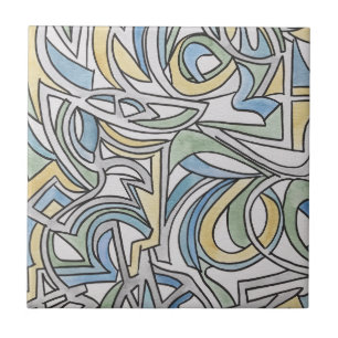 Blue Green Yellow Lattice-Hand Painted Abstract  Tile