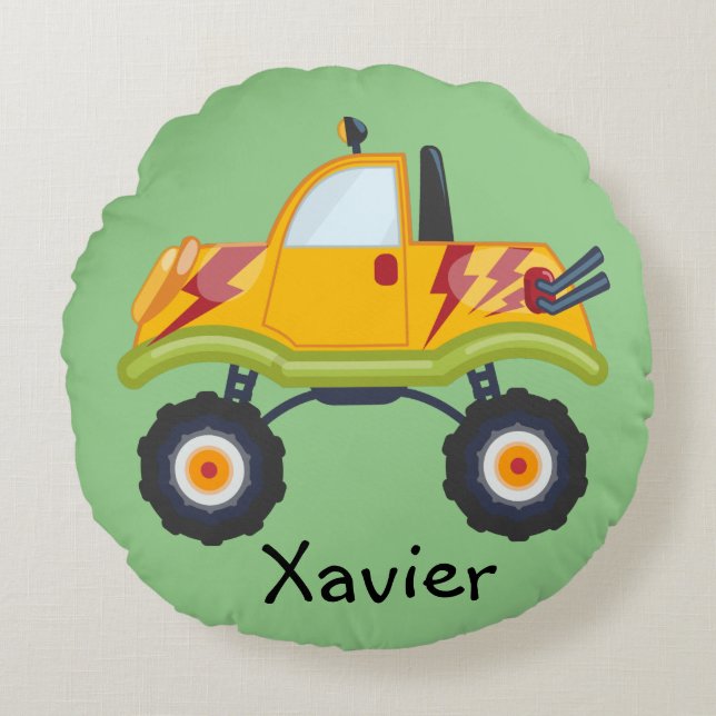 Blue Green Yellow Monster Truck Boys Personalised Round Cushion (Front)
