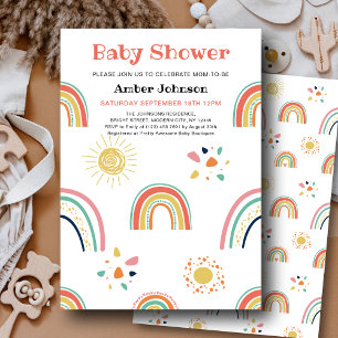 Blue Green Yellow Rainbow Cute Girl Baby Shower Invitation