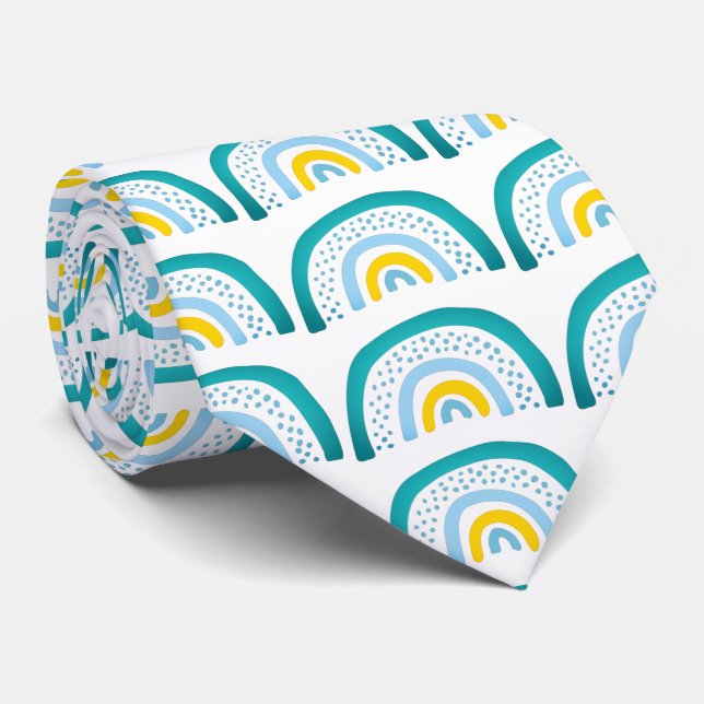 Blue Green Yellow Rainbow Pattern Tie (Rolled)