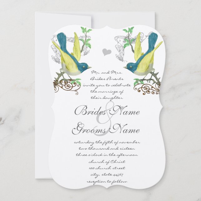 Blue Green Yellow Vintage Birds Wedding Invitation (Front)