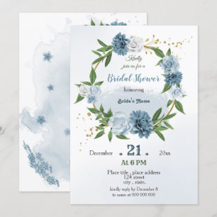 blue greenery botanical wreath bridal shower invitation