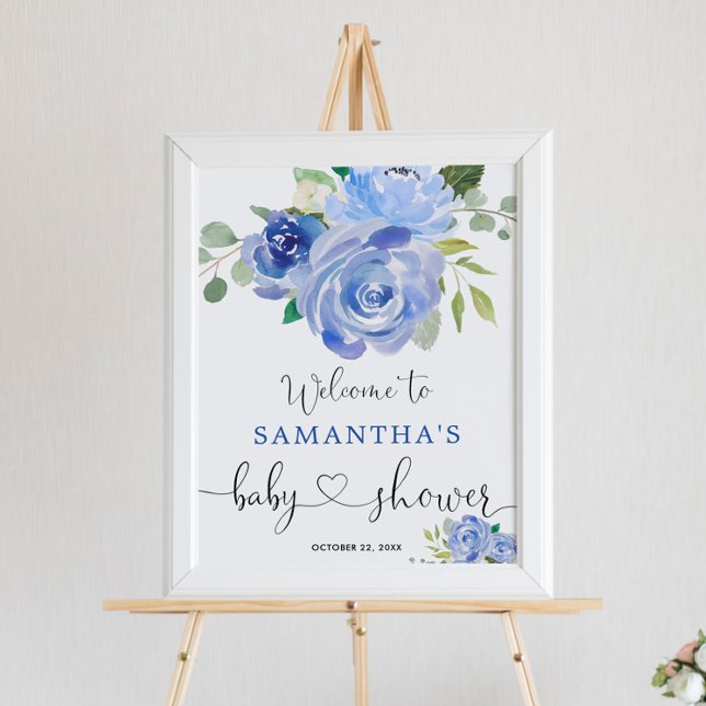 Blue greenery floral boy baby shower welcome sign (Creator Uploaded)