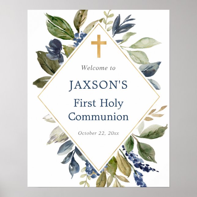 Blue greenery foliage baptism welcome sign (Front)