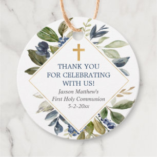 Blue greenery foliage gold first communion baptism favour tags