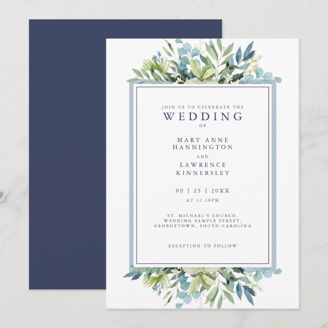 Blue Greenery Foliage Wedding Invitation (Front/Back)
