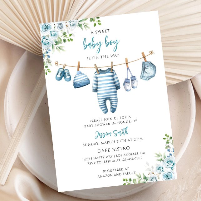 Blue Greenery Laundry Line Baby Shower Boy Invitation (Creator Uploaded)