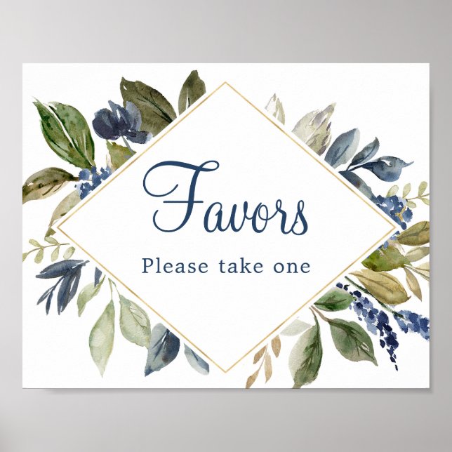 Blue greenery leaves gold foliage Favours sign (Front)