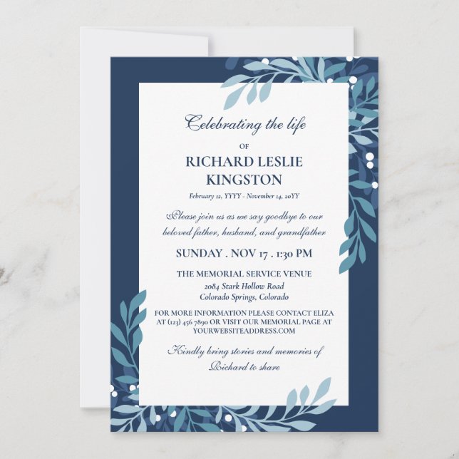 Blue Greenery & White Berries Life Celebration Invitation (Front)