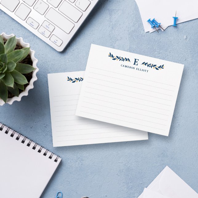 Blue Greenery Yellow Berries Monogram Lined Card (Creator Uploaded)