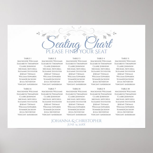 Blue & Grey 10 Table Wedding Seating Chart (Front)