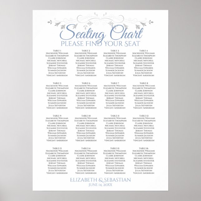 Blue & Grey 16 Table Wedding Seating Chart (Front)