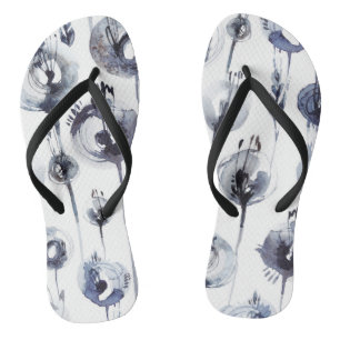 Blue grey abstract flower feather graphic pattern flip flops