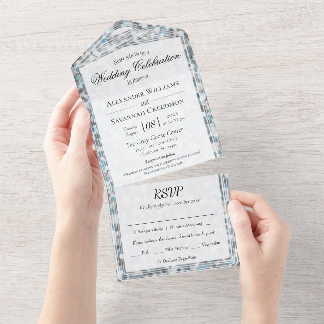 Blue Grey Abstract Stone All in One Wedding Invite (Tearaway)