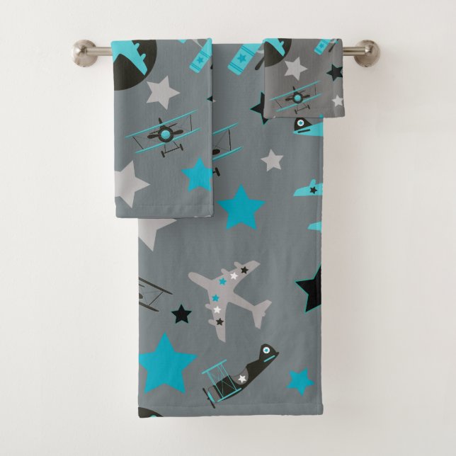 Blue Grey Aeroplanes Pattern Personalised Bath Towel Set (Insitu)