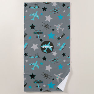 Blue Grey Aeroplanes Pattern Personalised Beach Towel