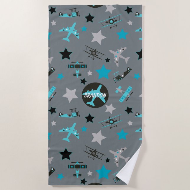 Blue Grey Aeroplanes Pattern Personalised Beach Towel (Front)