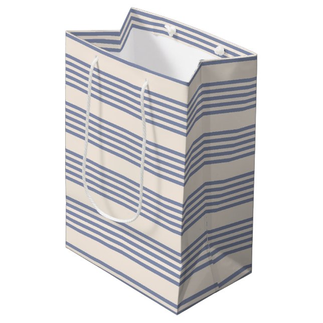Blue-grey and beige five stripe pattern medium gift bag (Front Angled)