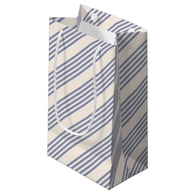 Blue-grey and beige five stripe pattern small gift bag (Front Angled)