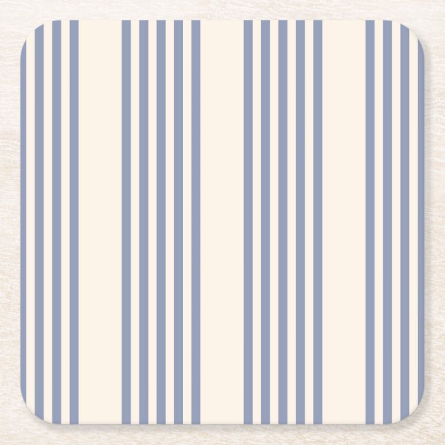 Blue-grey and beige five stripe pattern square paper coaster (Front)