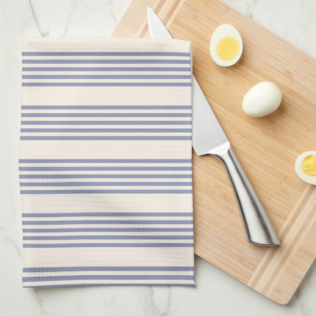 Blue-grey and beige five stripe pattern tea towel (Quarter Fold)