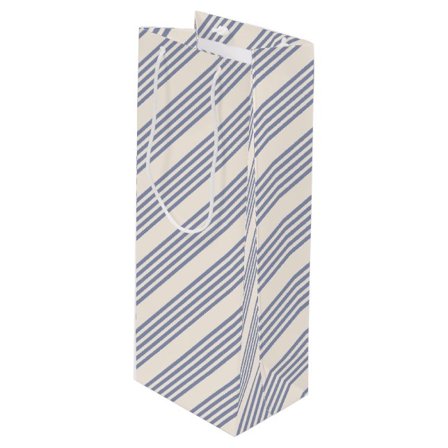 Blue-grey and beige five stripe pattern wine gift bag (Front Angled)
