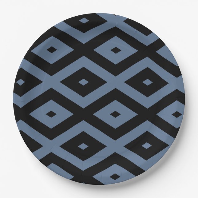 Blue grey and black diamond pattern paper plate (Front)