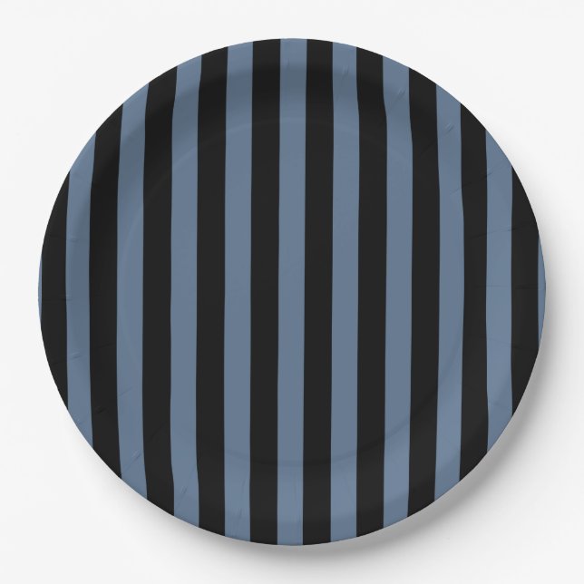 Blue grey and black stripes paper plate (Front)