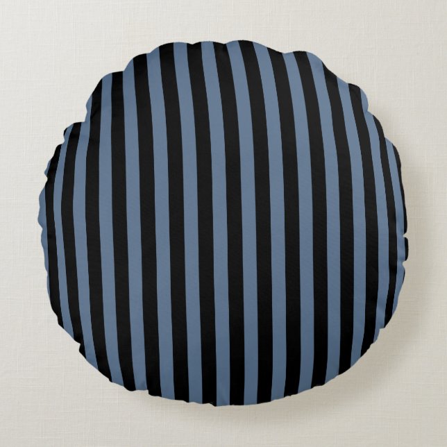 Blue grey and black stripes round cushion (Front)